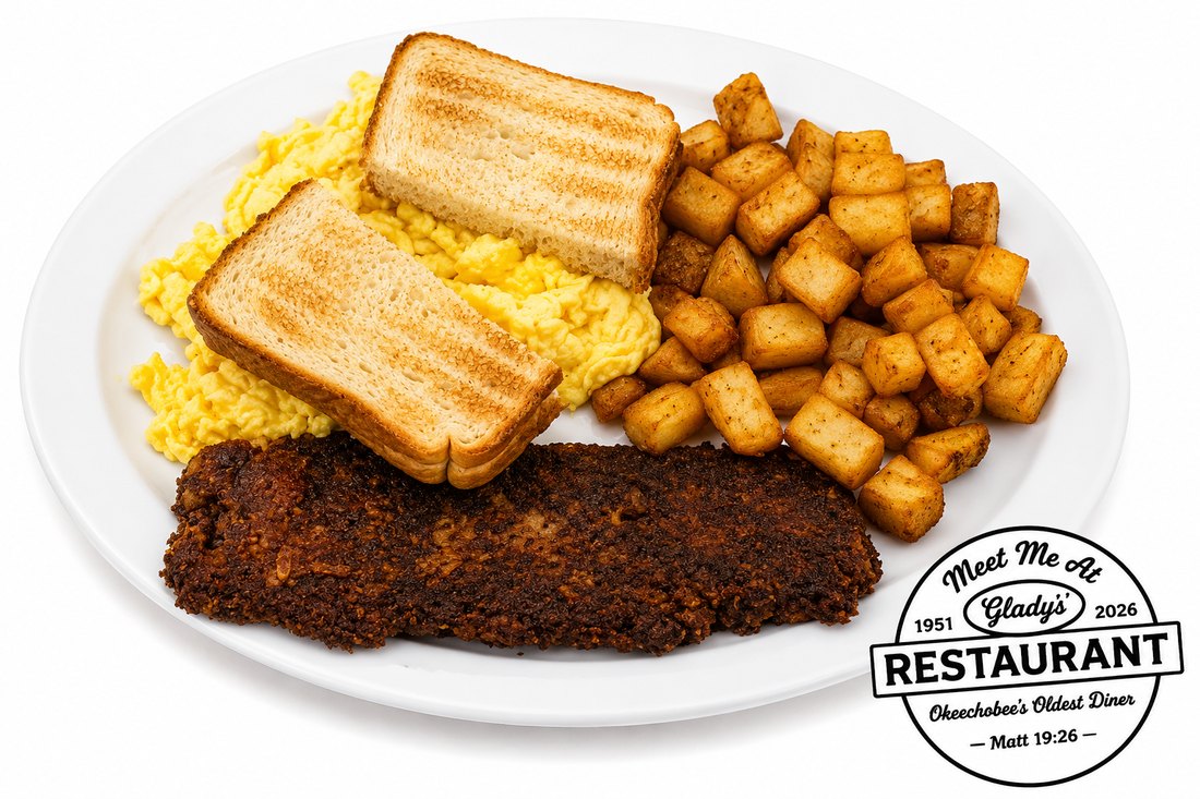 Country-fried steak breakfast at Gladys' Restaurant before an Okeechobee outing