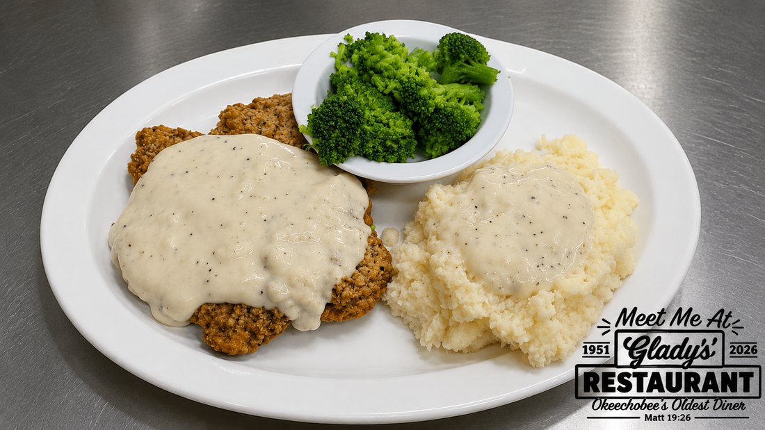Country fried steak lunch plate at Gladys' Restaurant